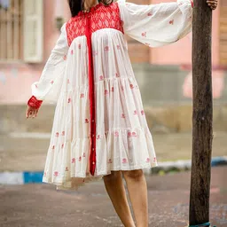 Prathaa Debi Women Jamdani Three Tiered Flare Cotton A-Line Dress-picture-10