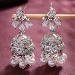 Anouk Silver-Plated American Diamond Studded & Beaded Dome Shaped Jhumkas-picture-34