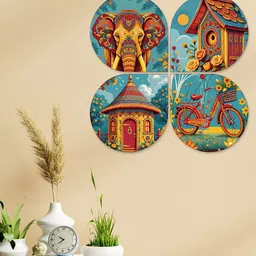 ArtVibes Red & Blue Set Of 4 Indian Decorative Printed Wooden Wall Hangings-image-86