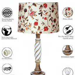 Homesake White Floral Printed Cylindrical Shaped Wooden Table Lamp With Bulb image 5