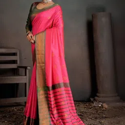 PEENGAX Ethnic Motifs Zari Silk Blend Handloom Kanjeevaram Saree-picture-37