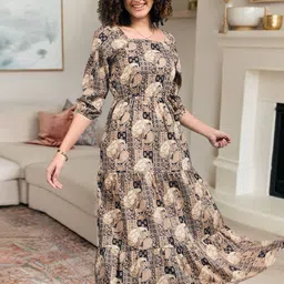 DressBerry Women Print Puff Sleeve A-Line Dress-image-64