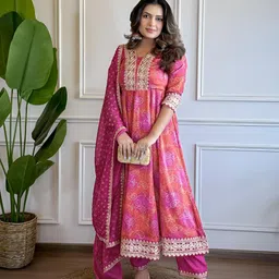 FIDHARA Women Ethnic Motifs Printed Anarkali Kurta with Trousers & Dupatta image 2