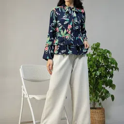 Oxolloxo Women Floral Printed Tie-Up Neck Flared Sleeve Ruffles Peplum Top-image-61