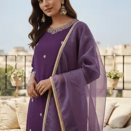 HERE&NOW Women Embroidered Regular Sequinned Velvet Kurta with Trousers & With Dupatta image 2