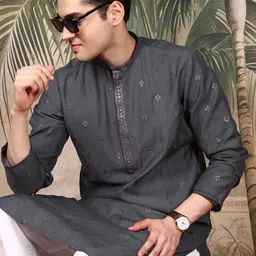 Sangria Men Embroidered Regular Mandarin Collar Sequinned Kurta with Salwar-picture-33