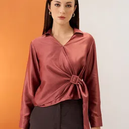 Globus Solid Shirt Collar Twisted Buckle Detail Shirt Style Party Top-picture-35