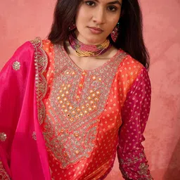 MANVAA Women Bandhani Embroidered Regular Sequinned Kurta with Trousers & With Dupatta-picture-24