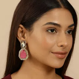 TJC Gold-Plated Gemstones Studded Geometric Shaped Drop Earrings image 2