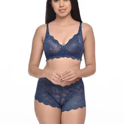 samvar Women Blue,Black Net Bra Panty Set for Lingerie Set Undergarments Pack of 2 image 3