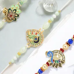 MEIRA JEWELLERY Set Of 3 Meenakari Peacock Rakhis With Greeting Card & Roli Chawal-picture-52