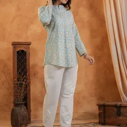 Span Floral Printed Mandarin Collar Pure Cotton Tunic With Trouser image 3