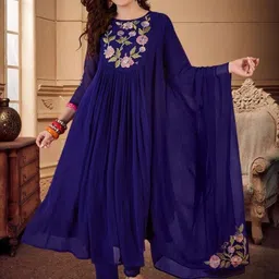 LIVIX Women Floral Embroidered Panelled Thread Work Chanderi Cotton Kurta with Trousers & With Dupatta-picture-11