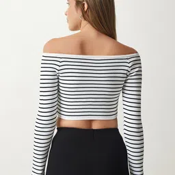 Happiness istanbul Striped Monochrome Off-Shoulder Bardot Crop Top image 2