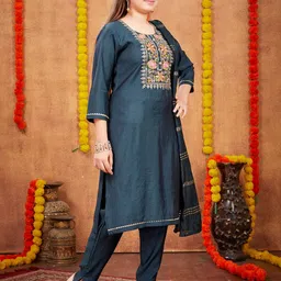 BAESD Girls Silk Blend Thread Work Kurta With Trousers & Dupatta image 3