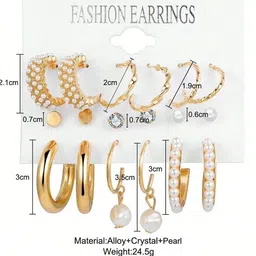PolluxCraft Set of 9 Gold Plated Pearls & Crystal Studs & Hoop Earrings image 3