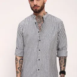 SHOWOFF Men Comfort Slim Fit Mandarin Collar Vertical Striped Cotton Casual Shirt-image-58