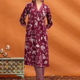 COTTON CULTURE Women Floral Printed Cotton Kurta with Trousers-image-19