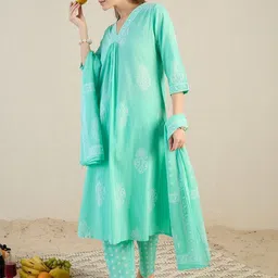 Indo Era Women Ethnic Motifs Printed Regular Pure Cotton Kurta with Trousers & With Dupatta image 2