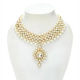 JOHARKAMAL Gold-Plated Stones Studded & Pearls Beaded Layered Rajwadi Jewellery Set image 5