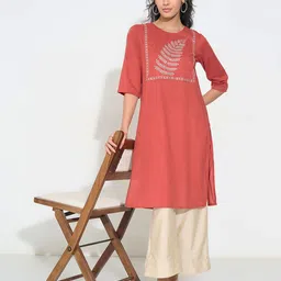 RANGMANCH BY PANTALOONS Floral Embroidered Thread Work Round Neck Straight Kurta-image-82