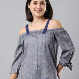 MYND Checked Shoulder Straps Cold-Shoulder Cotton Bardot Top-image-28
