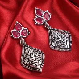 PUJVI Silver-Toned Artificial Stones Studded Contemporary Drop Earrings-picture-30