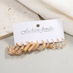 TheVineGirl Set Of 5 Gold-Plated Pearls Beaded Geometric Hoop Earrings-picture-22