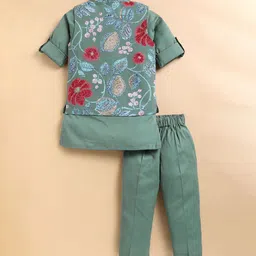 LITTLE COLLARS Boys Floral Printed Cotton Kurta with Pyjama And Nehru jacket image 3