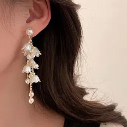 Celestique Pearls Beaded Floral Shaped Korean Drop Earrings image 2