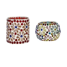 Somil Vibrant Multicolor Glass Candle Holder Add A Touch Of Magic To Diwali, Parties & Candlelight Dinners, Size-7 X 7 X 7 Cm , 8.5 X 8.5 X 7 Cm Pack OF 2 image 4