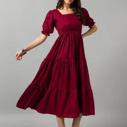 Raiyani Enterprise Solid Puff Sleeve Fit & Flare Tiered Midi Dress-image-88