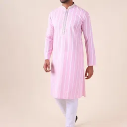 Aurik Men Pure Cotton Striped Mandarin Collar Kurta with Pyjamas image 4