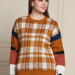 Numalo Women Checked Round Neck Pullover Sweater-picture-20