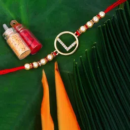 Vighnaharta Gold Plated Cubic Zirconia Studded L Alphabet Thread Rakhi-picture-16