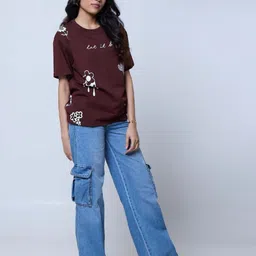 LoveDky Graphic Printed Round Neck Drop-Shoulder Sleeves Oversized T-shirt image 4