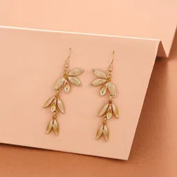 ToniQ Gold-Plated Crystals Studded Leaf Shaped Drop Earrings image 3