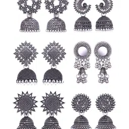 Sangria Set Of 6 Silver Plated Oxidised Dome Shaped Jhumkas-image-80