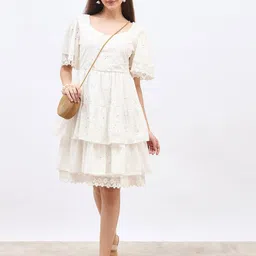 Styli Women Sweetheart Neck Schiffli Embroidered Flared Sleeve Fit & Flare Dress-image-79