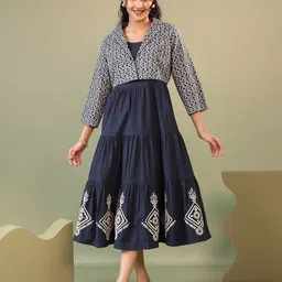 MISRI Women Embroidered Cotton Fit and Flare Dress With Jacket-picture-33