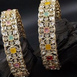 T4 JEWELS Kundan Gold Plated Multi coloured Bangles - Set Of 2-picture-12