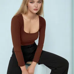 Maheshvi Women Ribbed Square Neck Long Sleeves Top image 4