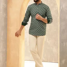 Anouk Green Ethnic Motifs Printed Band Collar Kurta image 3