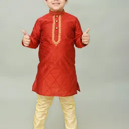 NFC CREATION Boys Embroidered Regular Thread Work Dupion Silk Kurta with Pyjamas-picture-24