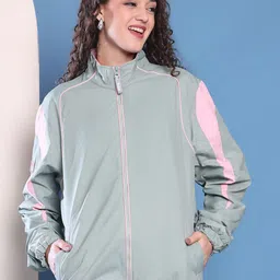 HOUSE OF VEDAS Women Mock Collar Striped Windcheater Bomber Jacket-image-80