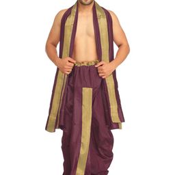 Exotic India Dhoti and Angavastram Set with Wide Golden Border (Ready to Wear)-picture-46