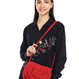 ITIHASIKALA Embellished Structured Cotton Crochet Sling Bag with Tasselled image 2