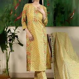 GoSriKi Floral Printed Notch Neck Straight Kurta With Trousers & Dupatta image 4