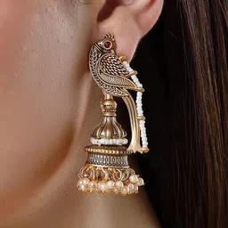 OOMPH Artificial Stones Studded & Beaded Peacock Shaped Jhumkas image 2