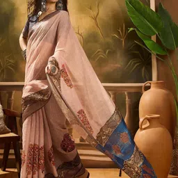 HERE&NOW Floral Printed Linen Cotton Saree image 3